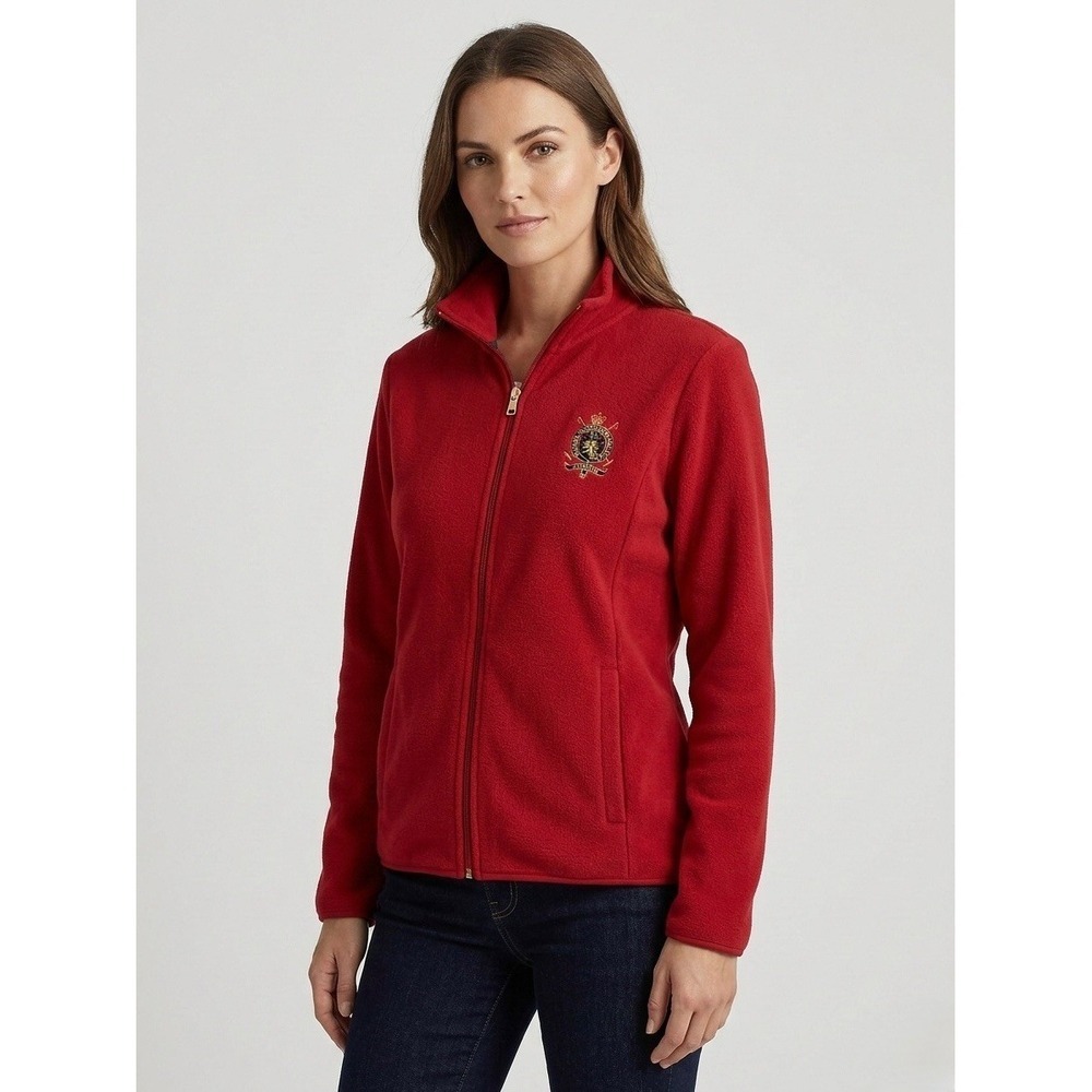 Lauren Ralph Lauren Red Fleece Full Zip Crest Jacket Womens XL Mock Neck Coat